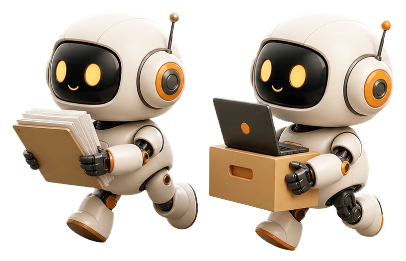 兩隻 3D AI 機器人往左去工作